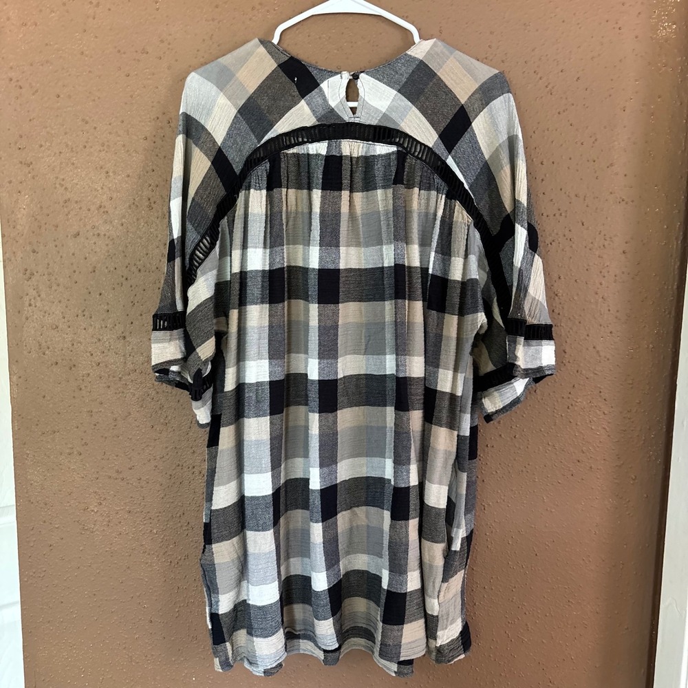 Maeve Anthropologie Plaid Crochet Lace Trim Babydoll Mini Dress Tunic Neutral S - Picture 6 of 7